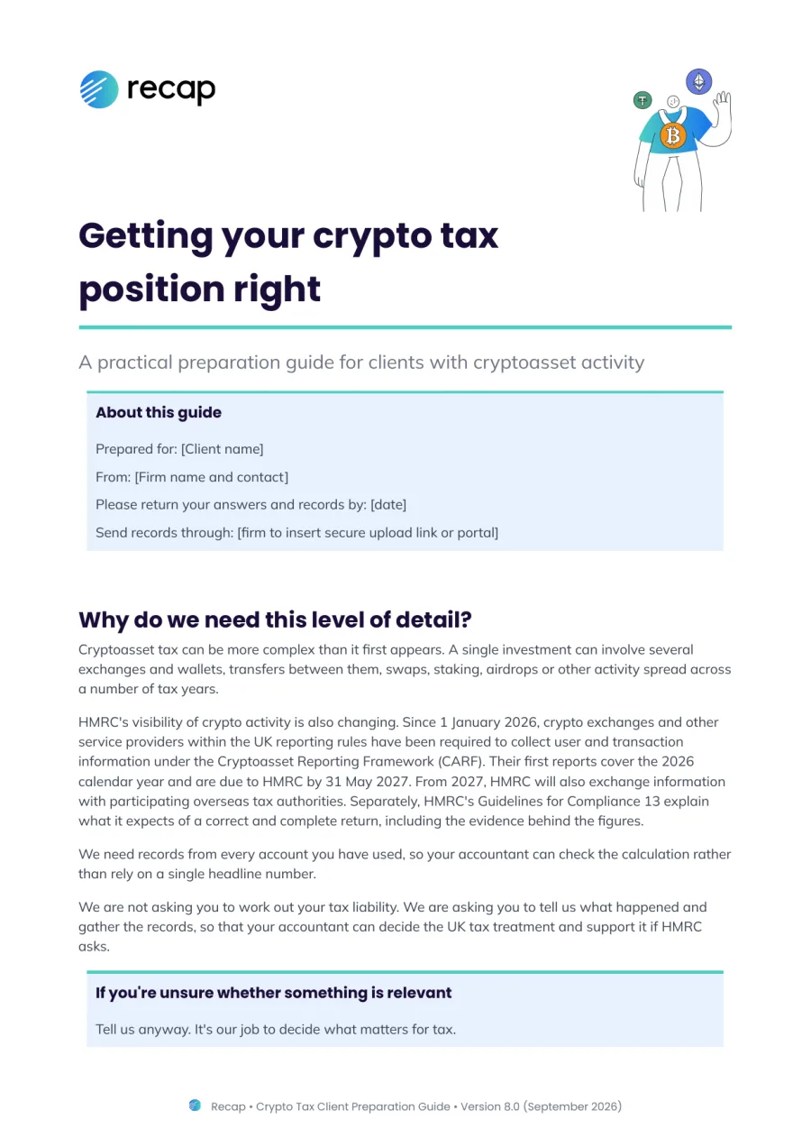 Front page of the Crypto Tax Client Preparation Guide, with spaces for your firm's details