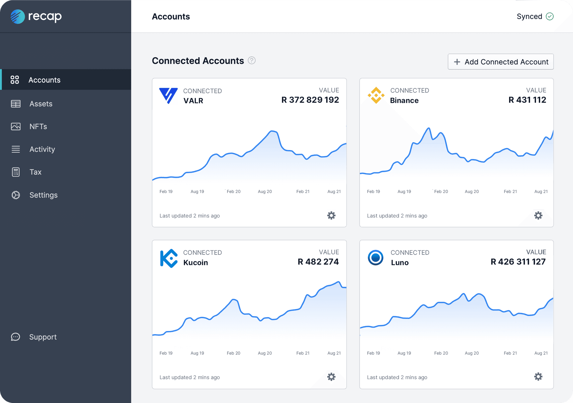 The Recap accounts page showing a crypto investor's connected exchanges